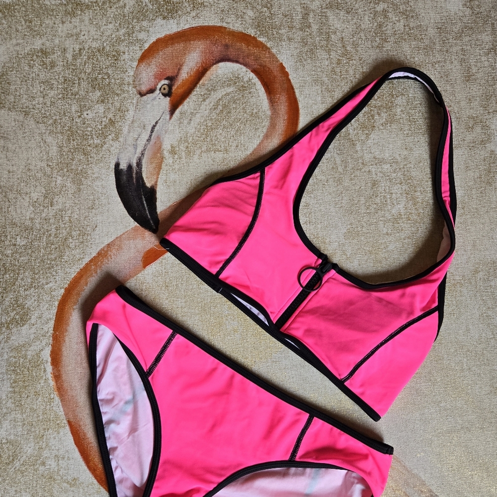 Juicy Couture Sport Bikini Two Piece Swimwear Hot Pink Black Medium Halter